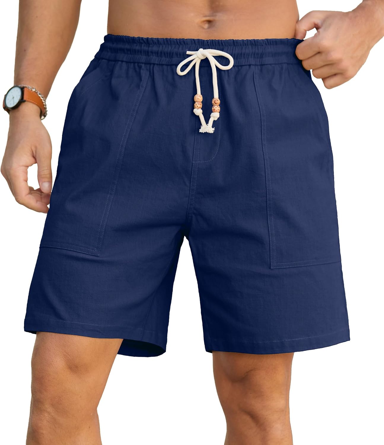 Sailwind Men's Linen Cotton Shorts 7" Elastic Waist Drawstring Casual Summer Beach Shorts