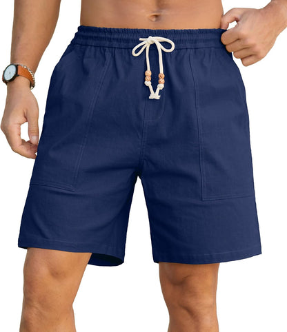 Sailwind Men's Linen Cotton Shorts 7" Elastic Waist Drawstring Casual Summer Beach Shorts
