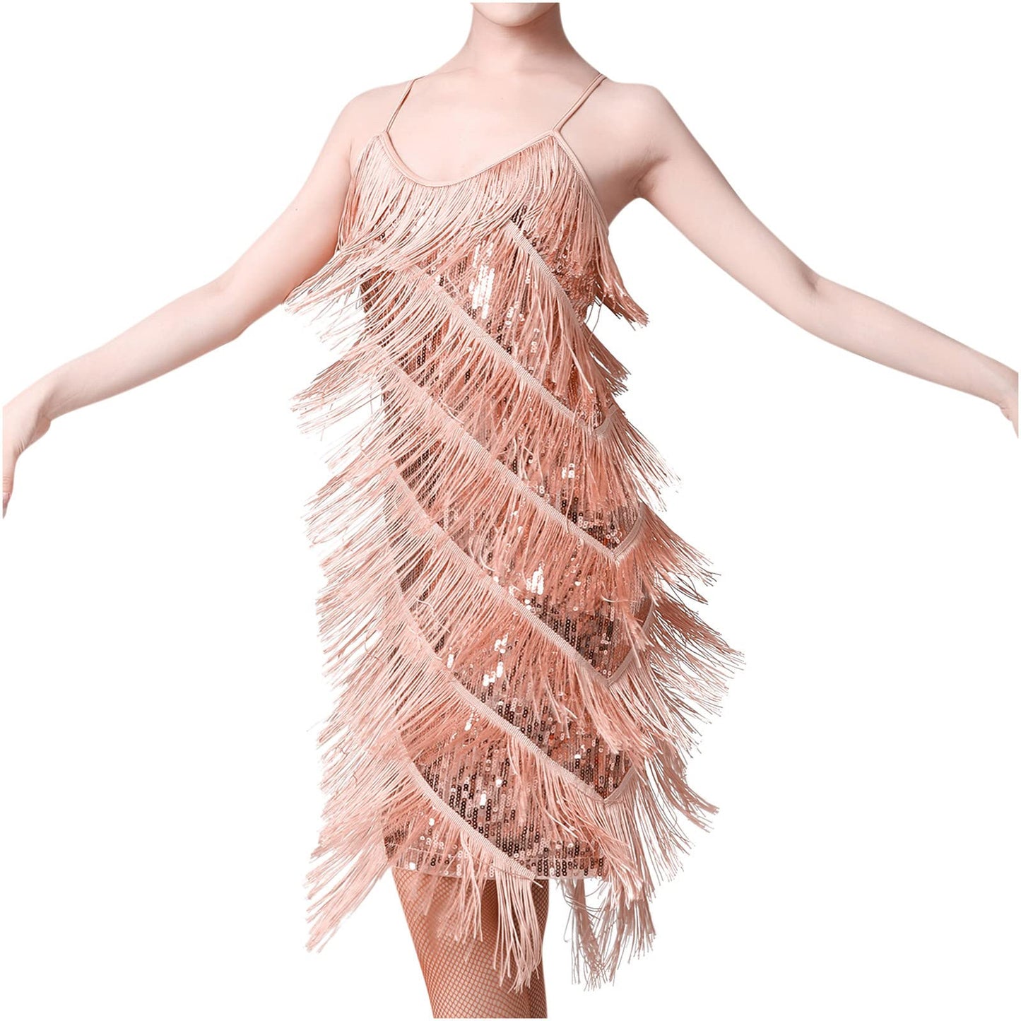 fartey Womens Fringe Dress Spaghetti Strap Sleeveless Tassel Sling Dress Sexy V Neck Backless Cocktail Party Mini Dress