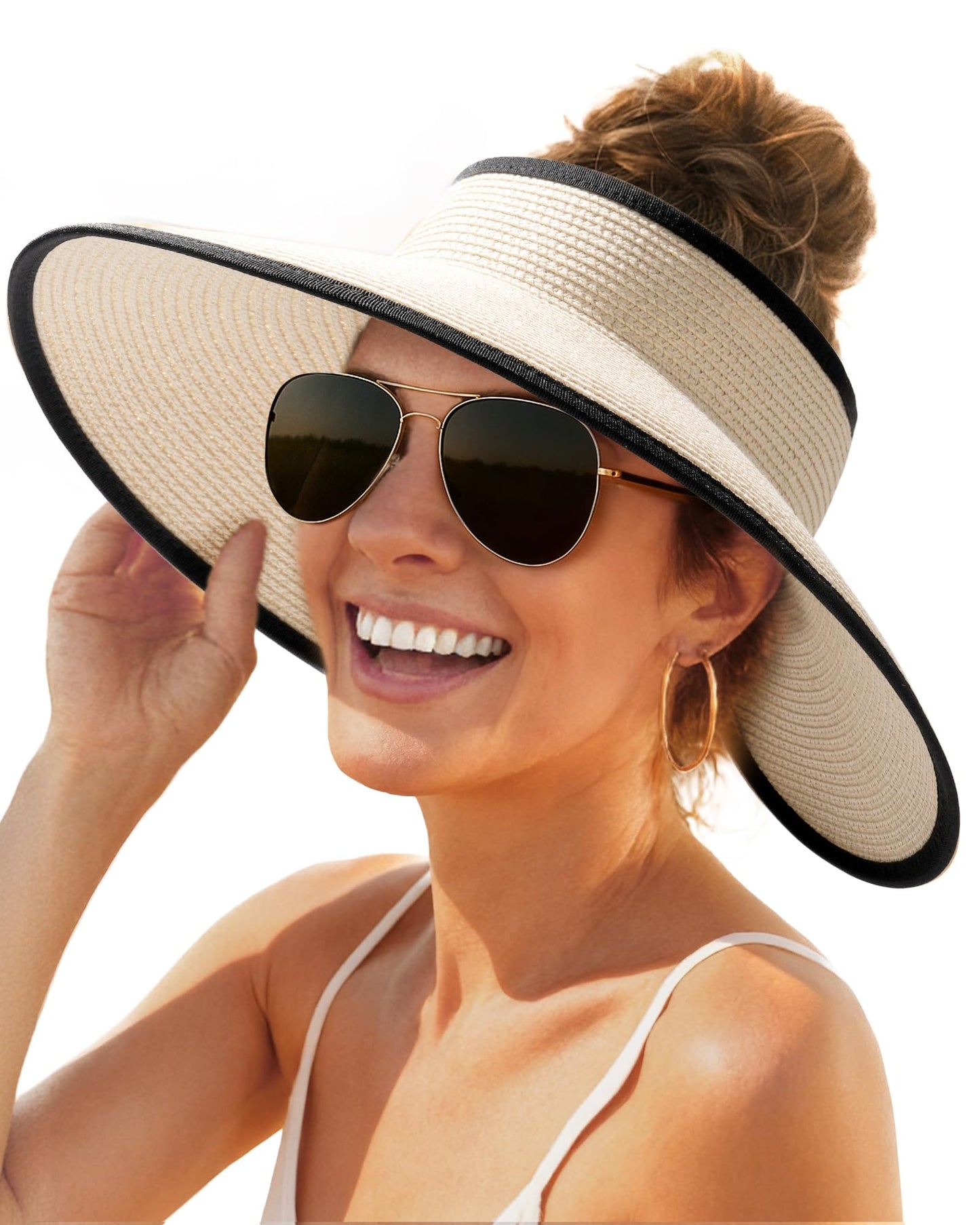 FURTALK Sun Hats for Women Wide Brim Beach Hat Straw Visor Ponytail Summer UV Packable Foldable Beach Vacation Essentials
