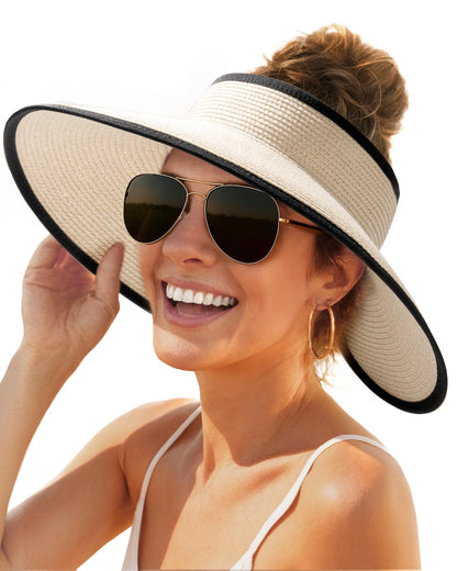 FURTALK Sun Hats for Women Wide Brim Beach Hat Straw Visor Ponytail Summer UV Packable Foldable Beach Vacation Essentials