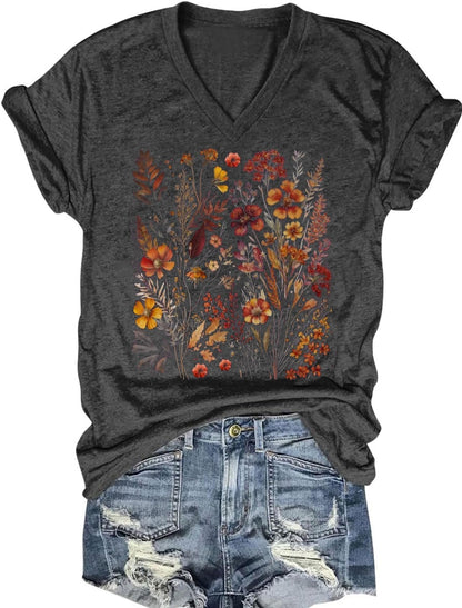 Women's T-Shirts V-Neck Dragonfly Tee Cute Summer Graphic Shirts Vintage Boho Flowers Short Sleeve T Shirt