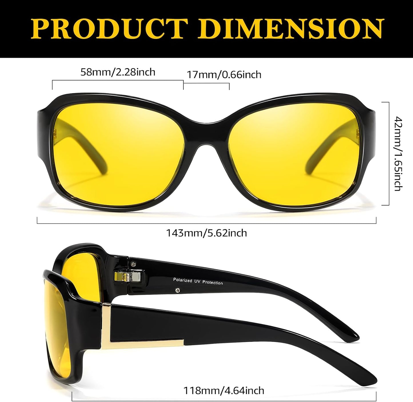 TJUTR Night Vision Driving Glasses for Women, Anti-glare Wraparound Glasses,UV400 Polarized Yellow Lens for Nighttime safety