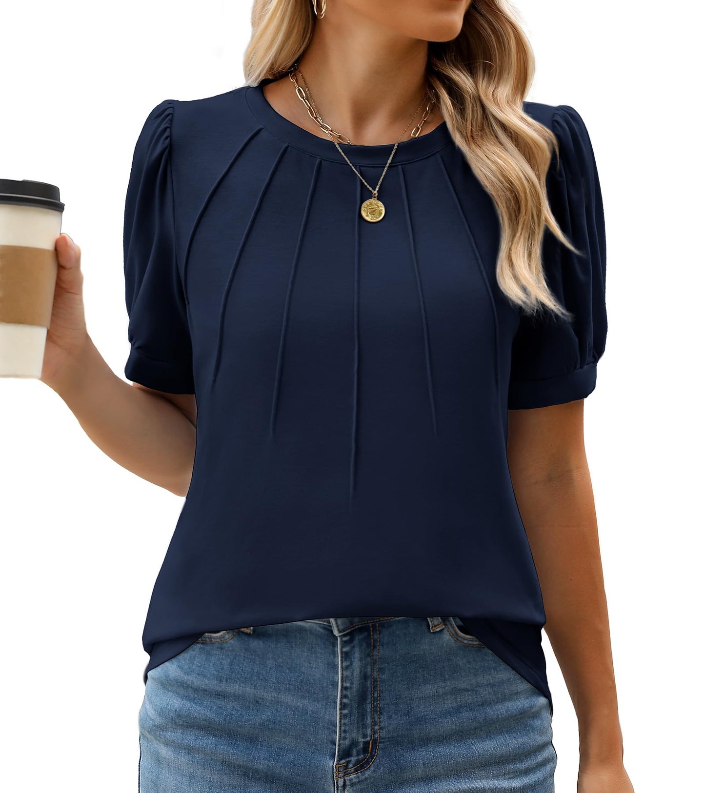 WEACZZY Women's Short Sleeve Crew Neck T-Shirt Pleated Front Casual Blouse | Puff Sleeve, Soft Comfortable Breathable, Regular Fitted, Asymmetrical High-Low Hem, Business Casual, Spring Summer Fall