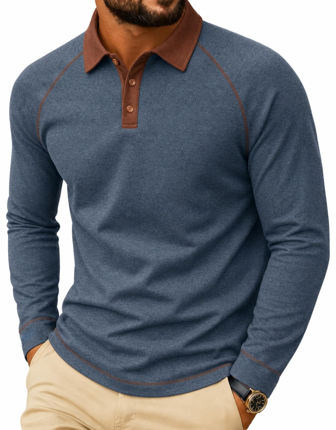Sailwind Mens Long Sleeve Polo Shirts Fashion Casual Raglan Button Polo Tee Collared Golf Shirt