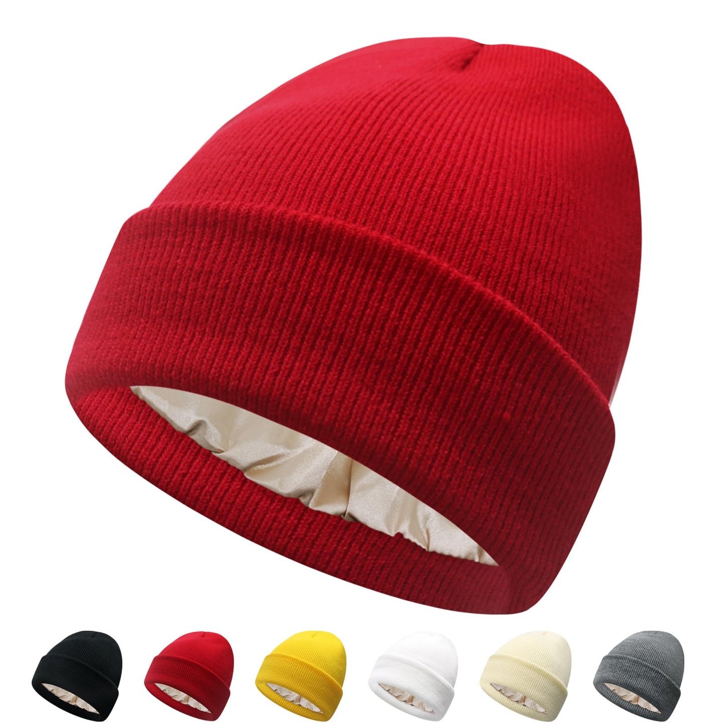 PFFY Satin Lined Beanie for Women Silk Lining Soft Winter Hats Reduce Frizz Knit Beanies Warm Skull Cap