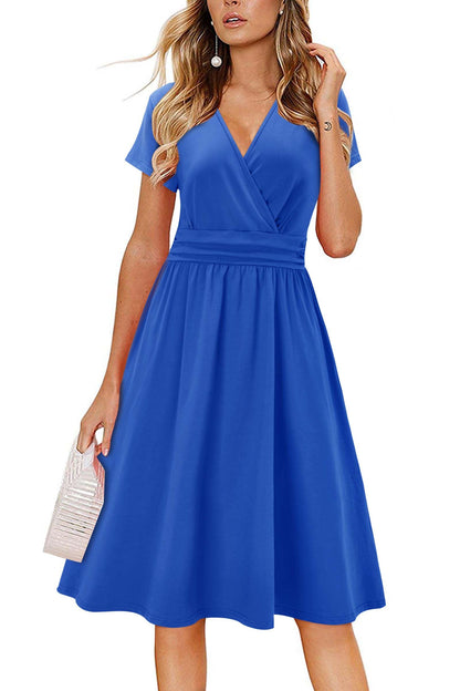 Newshows Womens Summer Short Sleeve Casual Dresses V Neck Floral Vacation Sundress Faux Wrap Midi Dress with Pockets