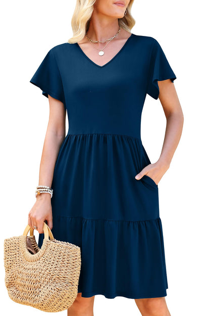WEACZZY Womens Casual Summer Dress V Neck Ruffle Sleeve A Line Dresses Flowy with Pockets 2026