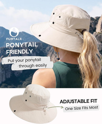 FURTALK Sun Hats for Women with Ponytail Hole Wide Brim Beach Bucket Hat UPF 50+ Fishing Hiking Outdoor Hats