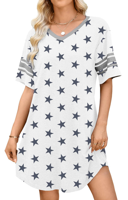 WEACZZY Women's Sleep Shirt Short Sleeve Nightgown Loose Fit Breathable | Crew Neck, Soft Polyester Blend Sleepwear, Solid Colors Floral Prints, Pajama Dress, Loungewear, House Casual Daily Wear