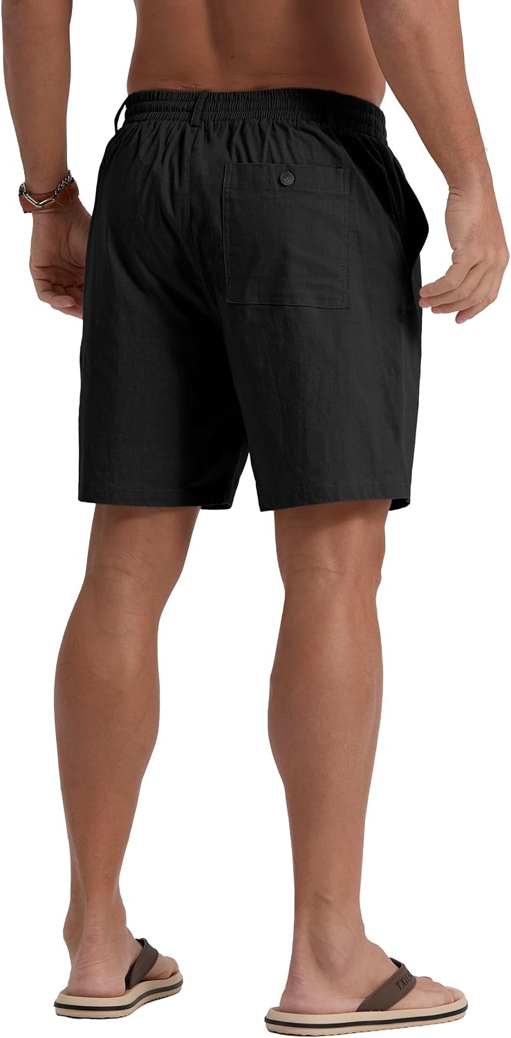 Sailwind Men's Linen Casual Shorts Elastic Waist Drawstring Summer Beach Shorts with Pockets Black