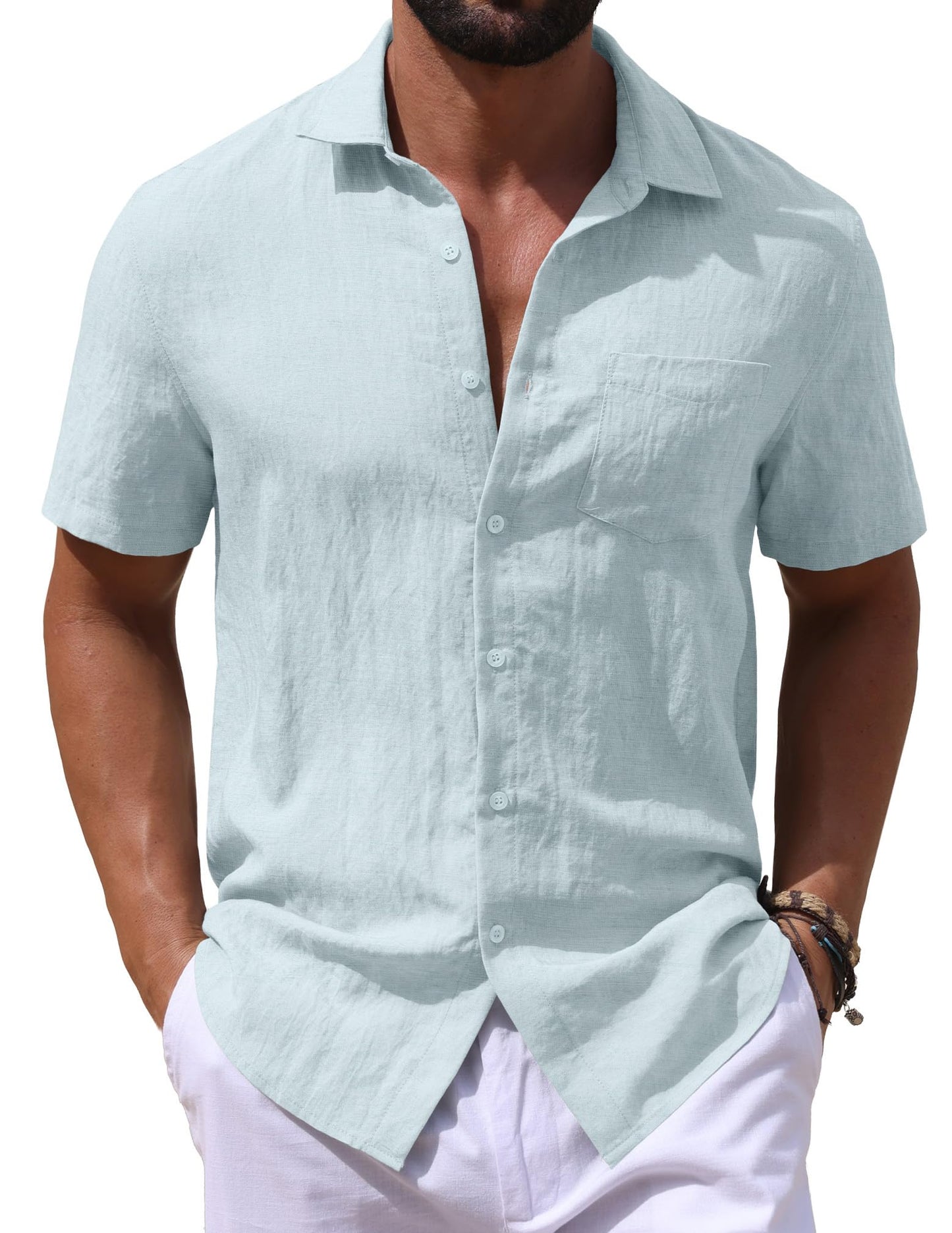 Sailwind Men's Linen Button Down Shirts Short Sleeve Casual Lightwetght Beach Summer Vacation Shirt with Pocket