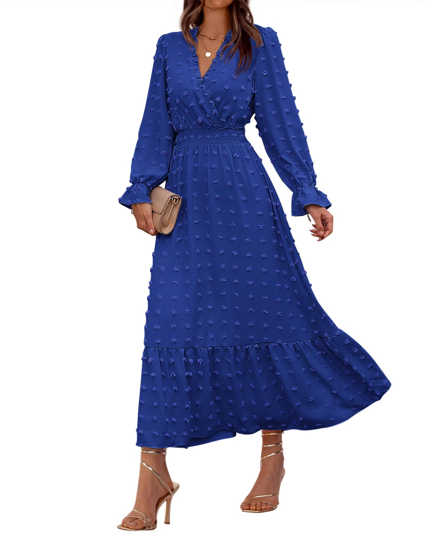 BTFBM Women Fall Maxi Dresses 2026 Long Sleeve V Neck Swiss Dots High Waisted A-Line Ruffle Boho Long Dress Vacation
