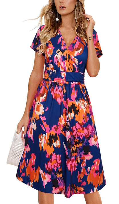 Newshows Womens Summer Short Sleeve Casual Dresses V Neck Floral Vacation Sundress Faux Wrap Midi Dress with Pockets