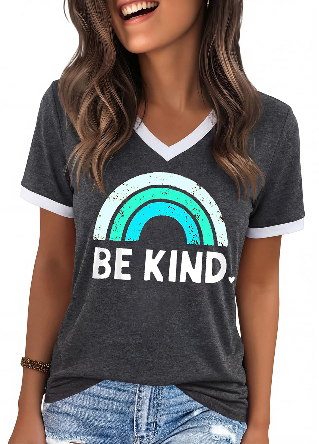 YEXIPO Womens T Shirts Graphic Tees Spring Short Sleeve V Neck Funny Letter Print Casual Loose Cute Summer Tops