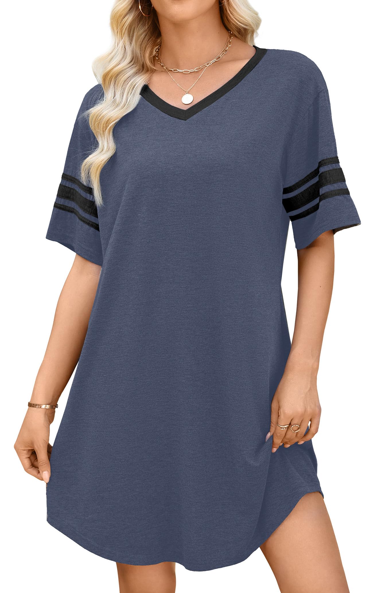 WEACZZY Women's Sleep Shirt Short Sleeve Nightgown Loose Fit Breathable | Crew Neck, Soft Polyester Blend Sleepwear, Solid Colors Floral Prints, Pajama Dress, Loungewear, House Casual Daily Wear