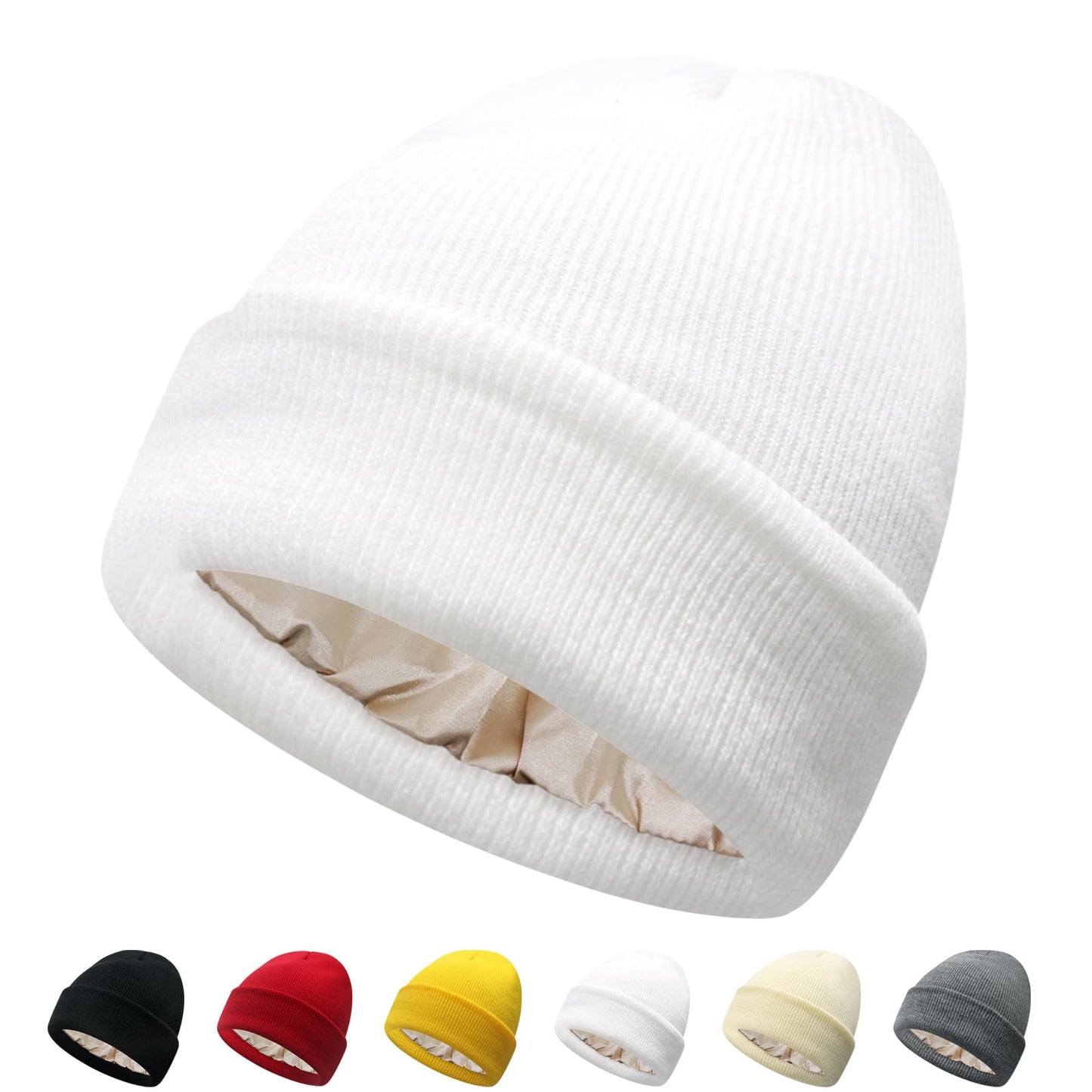 PFFY Satin Lined Beanie for Women Silk Lining Soft Winter Hats Reduce Frizz Knit Beanies Warm Skull Cap