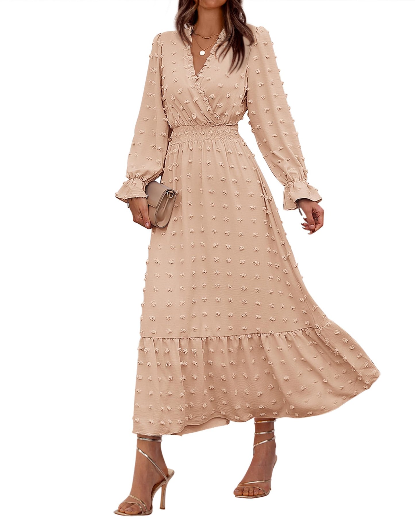 BTFBM Women Fall Maxi Dresses 2026 Long Sleeve V Neck Swiss Dots High Waisted A-Line Ruffle Boho Long Dress Vacation