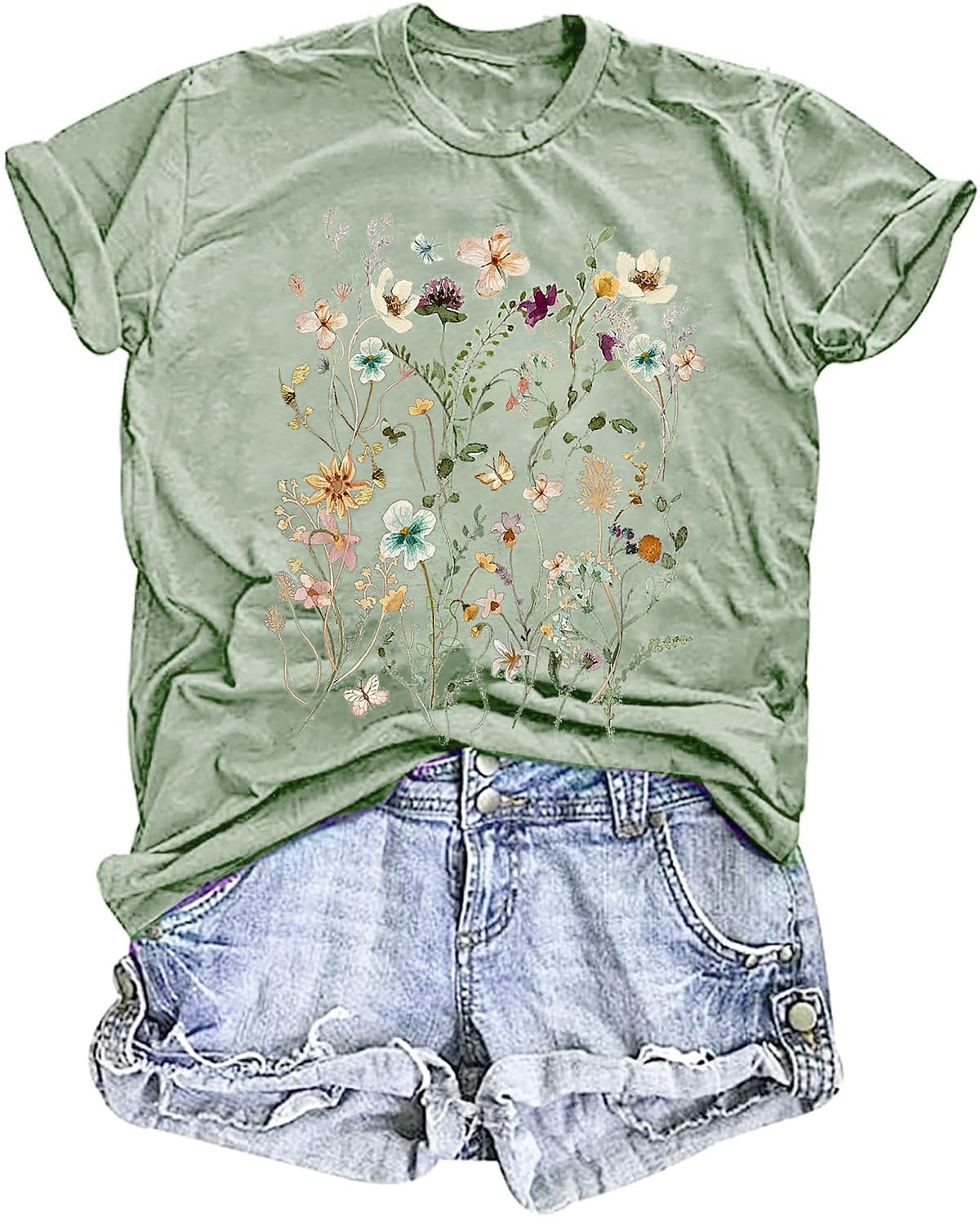 Women's Vintage Floral T Shirt Boho Wildflower Graphic Loose Tees Short Sleeve Casual Tops