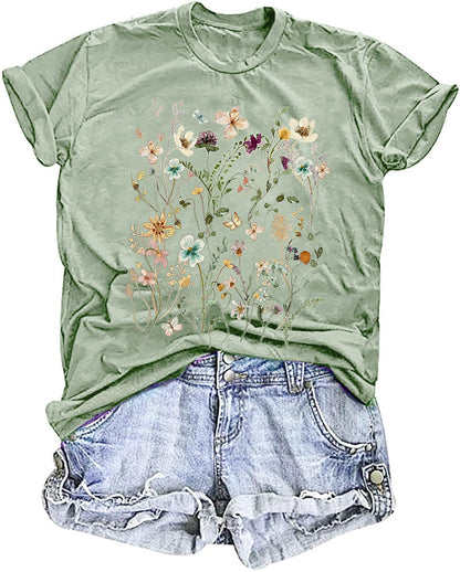 Women's Vintage Floral T Shirt Boho Wildflower Graphic Loose Tees Short Sleeve Casual Tops