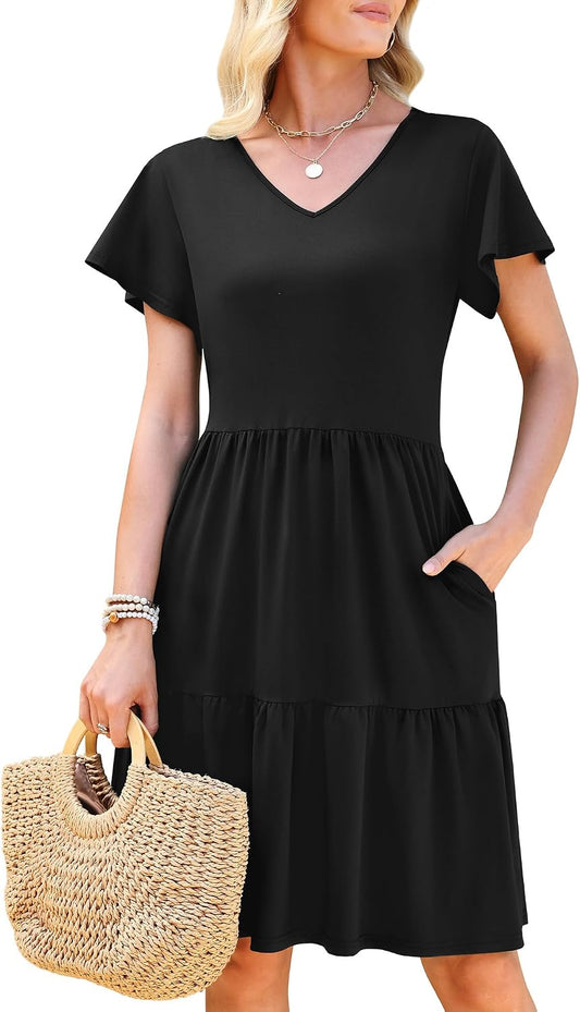 WEACZZY Womens Casual Summer Dress V Neck Ruffle Sleeve A Line Dresses Flowy with Pockets 2026