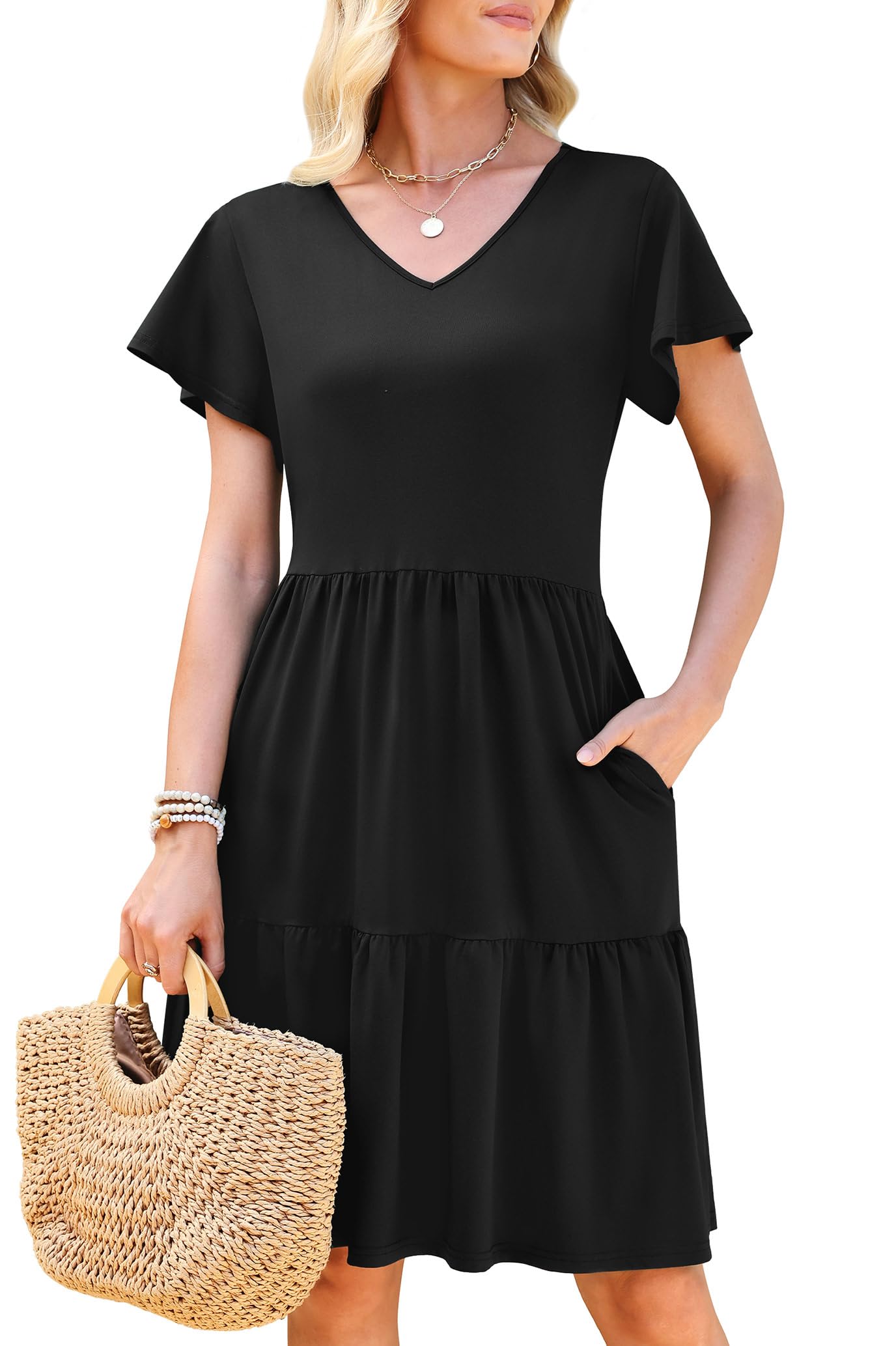 WEACZZY Womens Casual Summer Dress V Neck Ruffle Sleeve A Line Dresses Flowy with Pockets 2026
