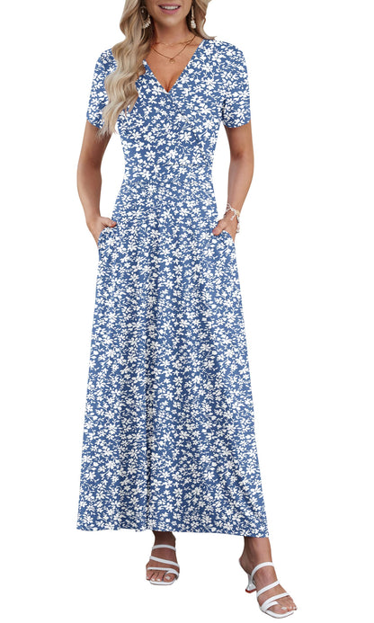 AUSELILY Maxi Dresses for Women Ankle Length Floral Print Beach Long Flowy Dress with Pockets