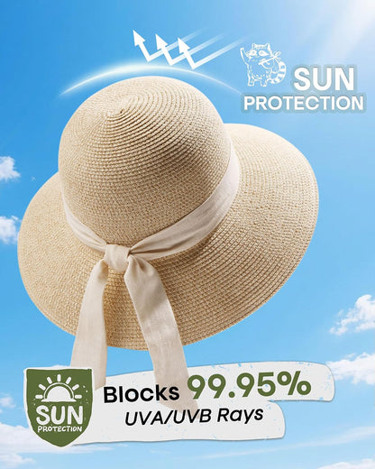 FURTALK Womens Beach Sun Straw Hat UV Protection Travel Packable Foldable Brim Summer UV Hat