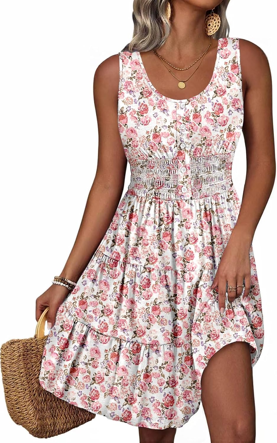 Summer Dresses for Women Casual Sleeveless Sundresses Elastic Waist Mini Sun Dress