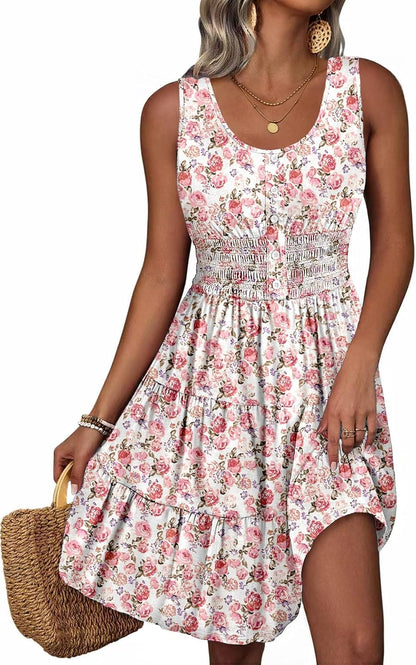 Summer Dresses for Women Casual Sleeveless Sundresses Elastic Waist Mini Sun Dress