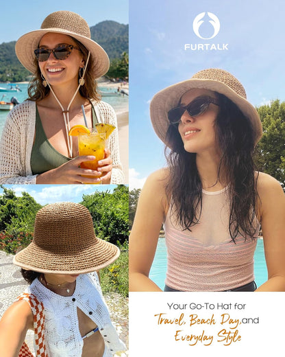 FURTALK Summer Straw Beach Sun Hats for Women UPF 50 Floppy Wide Brim Travel Bucket Hat Foldable Packable