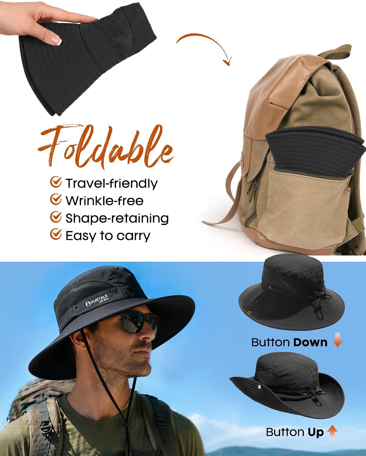 FURTALK Mens Bucket Sun Hat UPF 80+ Wide Brim Hiking Fishing Beach Outdoor Hats