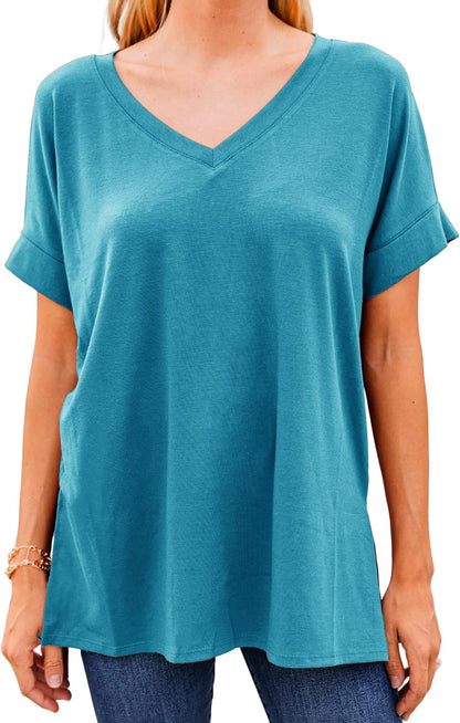 YEXIPO Women's V Neck T Shirts Short Sleeve Summer Tops Casual Loose Fit Solid Tee Tunic Tops