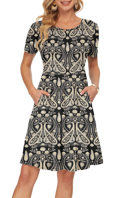 AUSELILY Women's Short Sleeve Summer Dress Pleated Loose Swing Knee Length Dresses with Pockets 2026 New