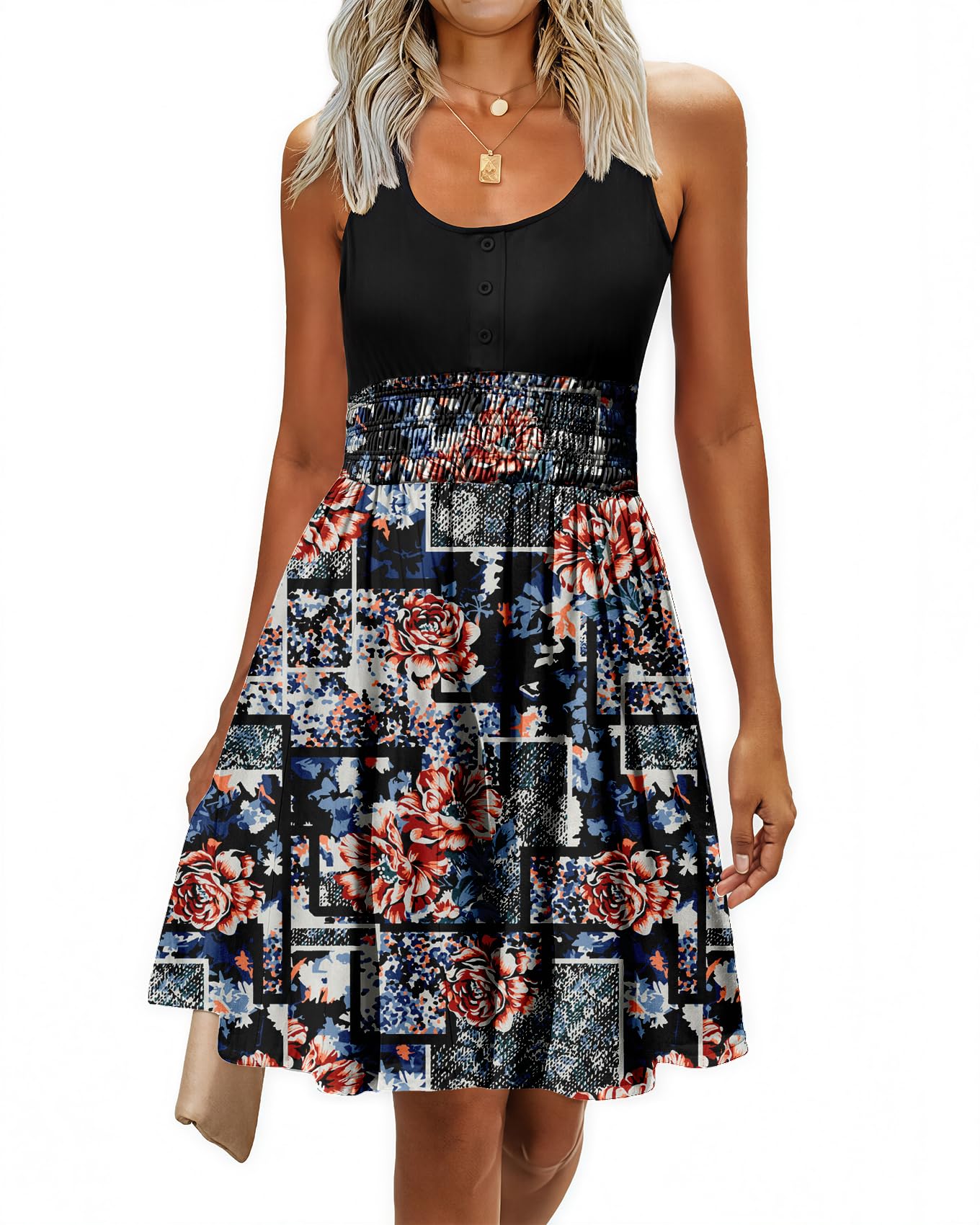 Summer Dresses for Women Casual Sleeveless Sundresses Elastic Waist Mini Sun Dress