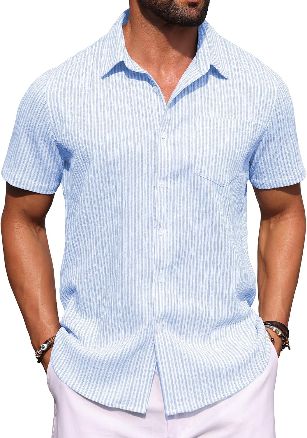 Sailwind Men's Casual Button Down Shirts Short Sleeve Striped Beach Summer Vacation Shirt with Pocket