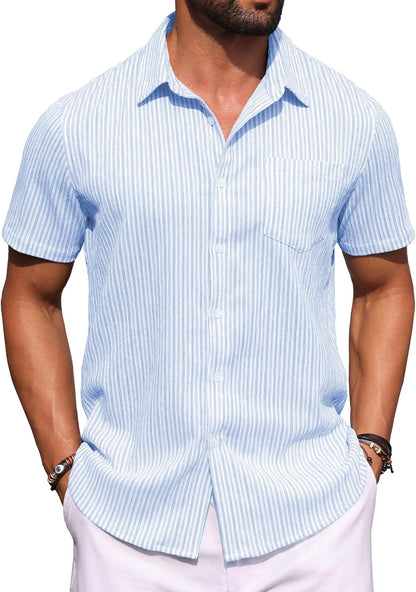Sailwind Men's Casual Button Down Shirts Short Sleeve Striped Beach Summer Vacation Shirt with Pocket