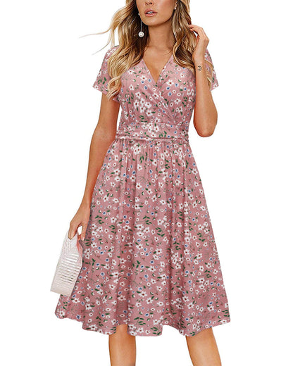 Newshows Womens Summer Short Sleeve Casual Dresses V Neck Floral Vacation Sundress Faux Wrap Midi Dress with Pockets