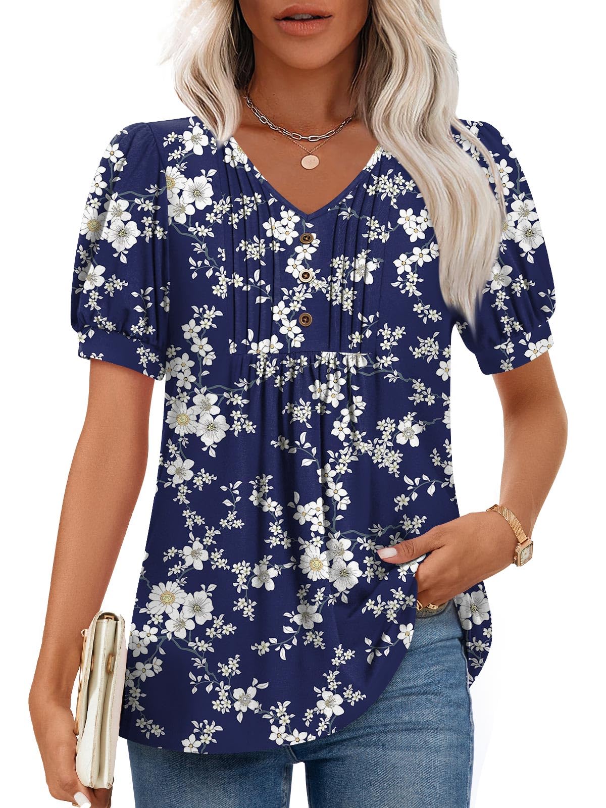 Findsweet Women's Summer Tunic Tops Casual Dressy Blouses Short Sleeve Shirts M-4XL