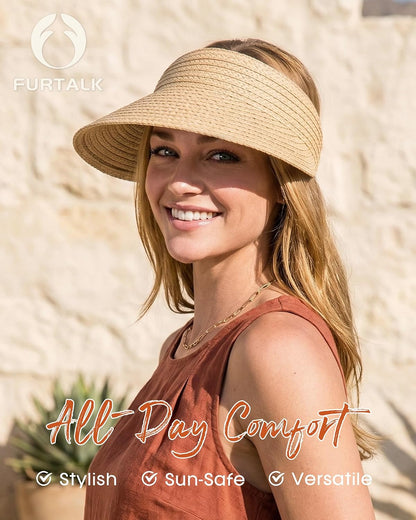 FURTALK Sun Visor Hats for Women Wide Brim Straw Visors Womens Foldable Beach Visors Summer Packable Ponytail Beach Hat