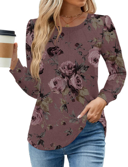 WEACZZY Women Long Sleeve Shirts Crew Neck Tunic Tops Soft Casual Blouses Creased Design Curved Side Hem Fashion Outfits 2026