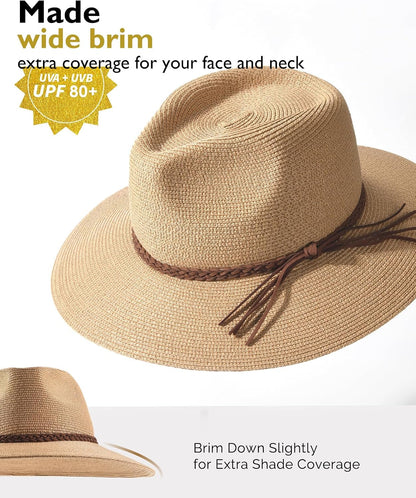 FURTALK Womens Wide Brim Sun Hat Beach Panama Fedora Straw Summer | Packable for Travel, Braided Strap Decor, Adjustable Chin Cord, Breathable Sweatband, Ideal for Summer Vacations