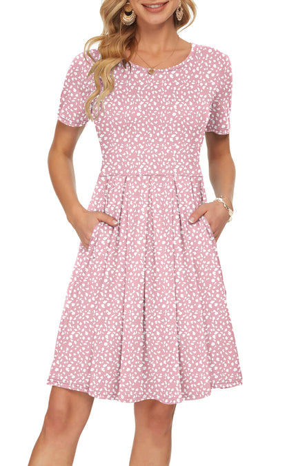 AUSELILY Women's Short Sleeve Summer Dress Pleated Loose Swing Knee Length Dresses with Pockets 2026 New