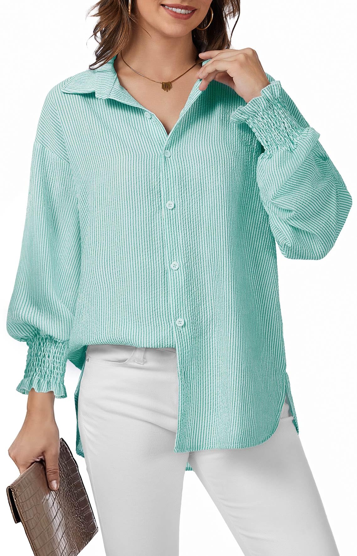 WEACZZY Womens Button Down Casual Shirts Long Sleeve Smocked Cuffed Blouses Collared Work No Pockets Tops 2026