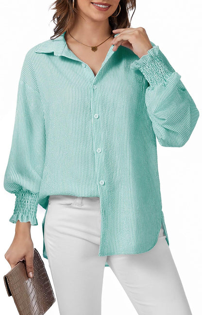 WEACZZY Womens Button Down Casual Shirts Long Sleeve Smocked Cuffed Blouses Collared Work No Pockets Tops 2026