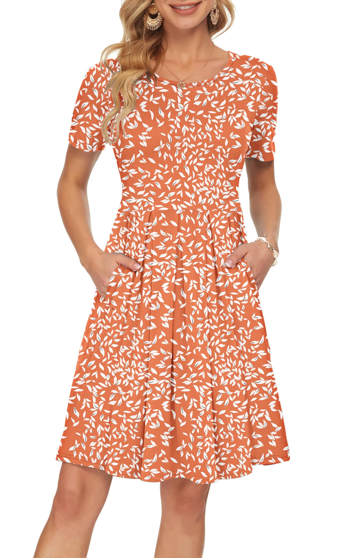 AUSELILY Women's Short Sleeve Summer Dress Pleated Loose Swing Knee Length Dresses with Pockets 2026 New