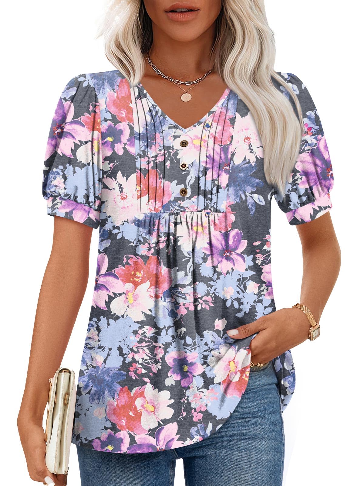 Findsweet Women's Summer Tunic Tops Casual Dressy Blouses Short Sleeve Shirts M-4XL