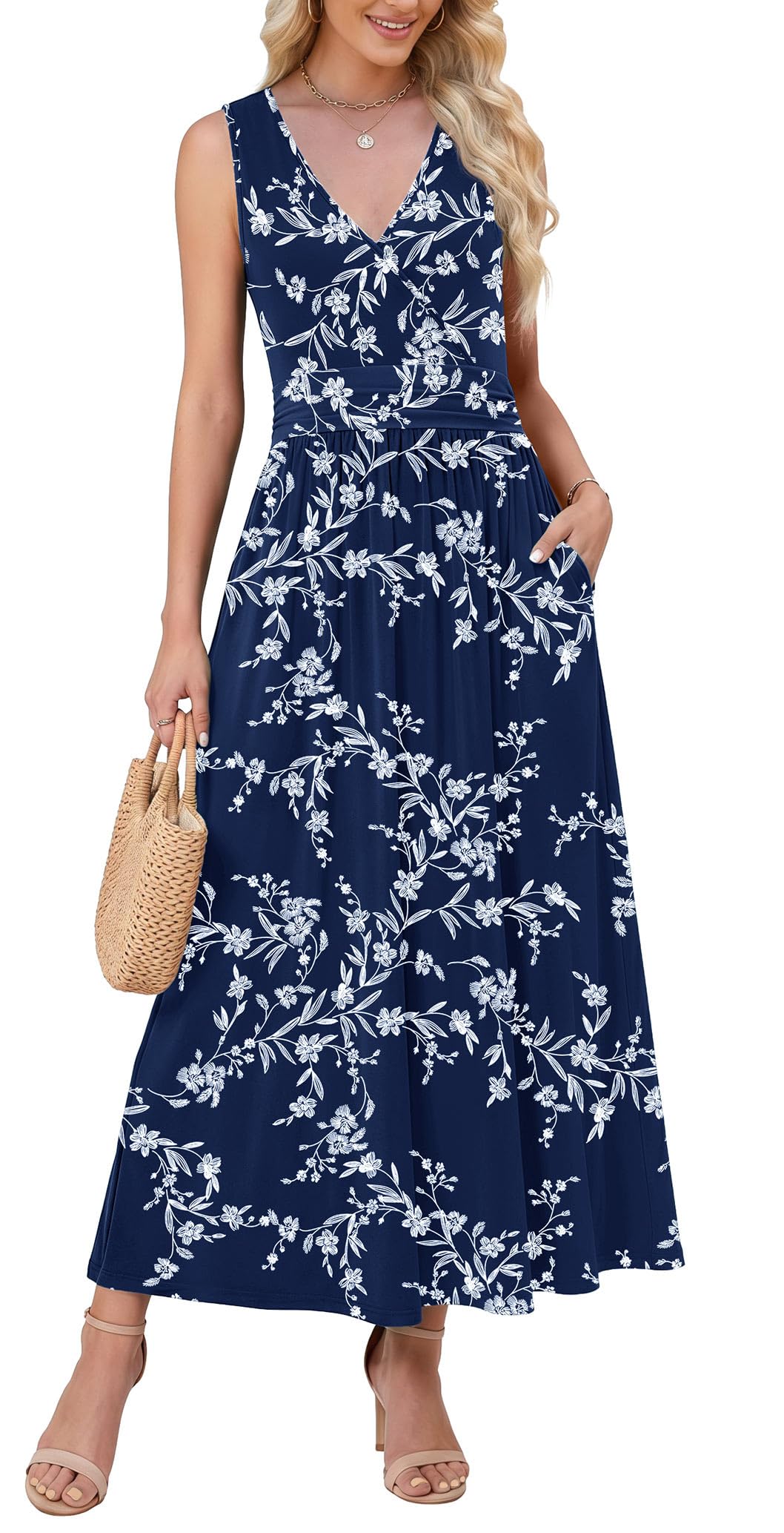 WEACZZY Women's Maxi Dress Sleeveless V Neck Sundress Cocktail Long Dresses with Pockets