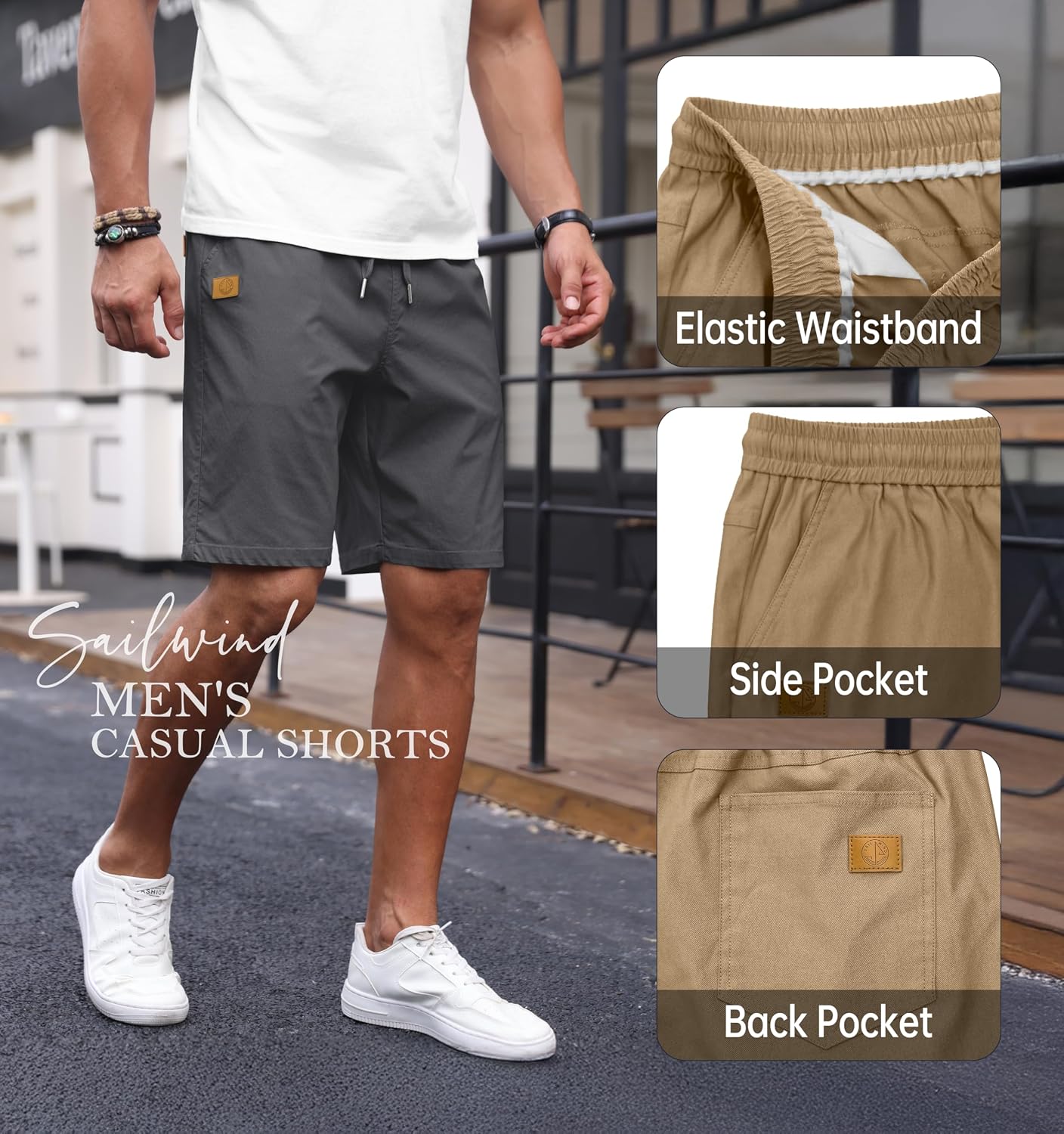 Sailwind Men's Casual 7" Shorts Elastic Waist Drawstring Summer Twill Golf Short
