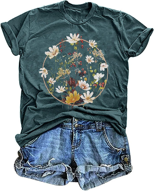 Women's Vintage Floral T Shirt Boho Wildflower Graphic Loose Tees Short Sleeve Casual Tops